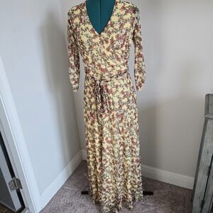 Allison Brittney Maxi Dress Womens Size M Yellow Sheer Floral Chiffon Belted